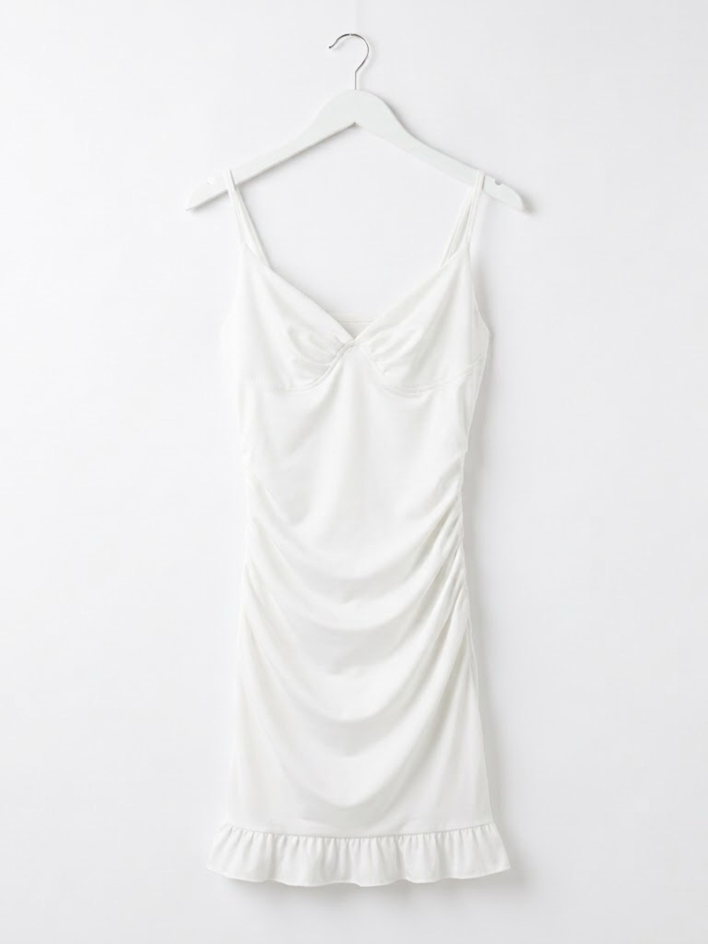 White Satin Slip Dress with Ruffle Hem